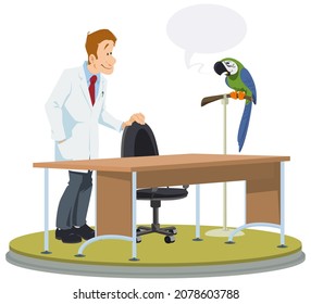 Doctor talks to parrot. People and animal. Illustration concept for mobile website and internet development.