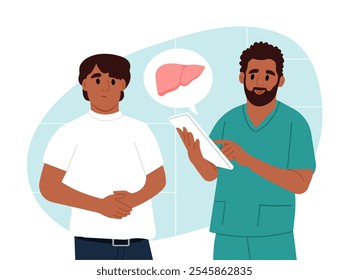 O médico fala com um paciente sobre hepatite. Diagnóstico e tratamento de doenças hepáticas. Julho é o mês de conscientização sobre a hepatite. Consulta de um gastroenterologista. Ilustração vetorial em estilo plano