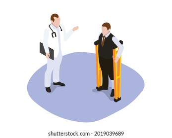 Doctor talks to a patient on crutches 3d isometric vector concept for banner, website, illustration, landing page, flyer, etc.