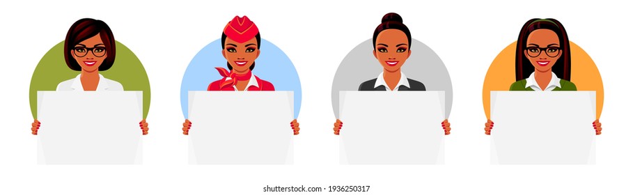 Doctor, teacher, air hostess, businesswoman holding empty posters. Indian smiling young women wearing professional clothes. Set of vector colorful illustrations templates for ads