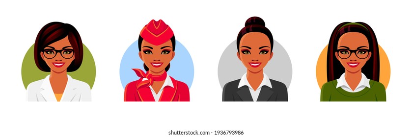 Doctor, teacher, air hostess, businesswoman avatar faces. Indian smiling young women wearing professional clothing. Set of vector colorful illustrations