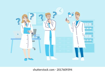 Doctor teacher is explaining medicine to medical students and nurse have a confused with question. Healthcare
and medical concept. Hand draw style. Vector illustration.