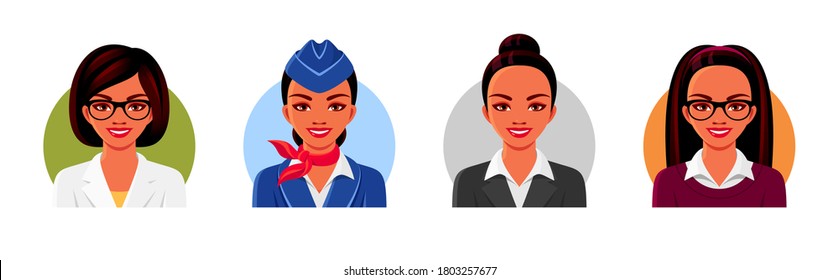 Doctor, teacher, stewardess, businesswoman avatar faces. Smiling women wearing professional clothing. Vector illustrations