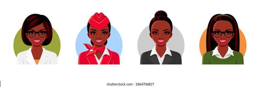 Doctor, teacher, stewardess, businesswoman avatar faces. African American smiling women wearing professional clothing. Set of vector colorful illustrations