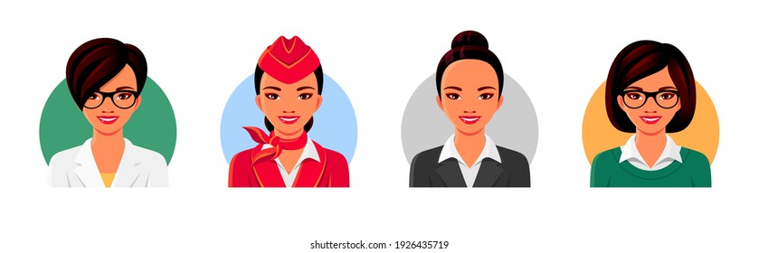 Doktor, Lehrer, Stewardess, Geschäftsfrau Avatar Gesichter. Asiatische lächelnde junge Frauen, die professionelle Kleidung tragen. Satz von Vektorfarben-Illustrationen