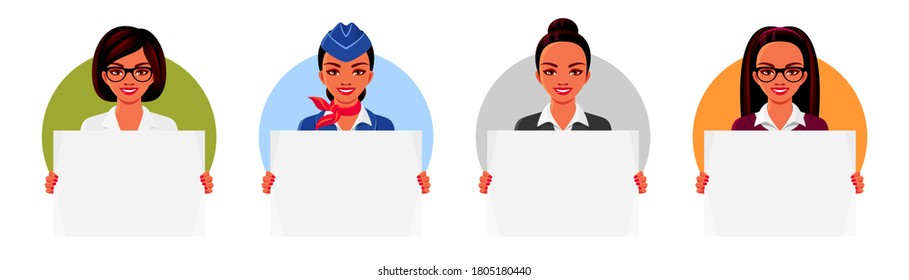 Doctor, teacher, stewardess, businesswoman holding empty posters. Smiling women wearing professional clothing. Vector illustrations templates