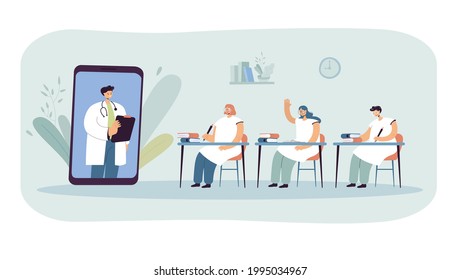 Doctor teaching students through huge phone. Characters at online lecture in classroom flat vector illustration. Online education, medicine concept for banner, website design or landing web page
