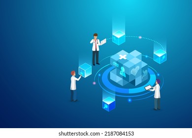 Ärzteteam mit 3D Blockchain Network Technology Research und Diagnose Patient Krankheit. Medizinische Innovationstechnologie und digitaler Gesundheitsdienst entwickeln Patientenbehandlung und Wohlbefinden der Menschen