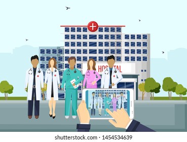 Doctor team in front of the hospital Vector flat style. Online consultation or emergency call. template illustration