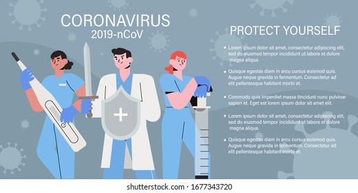 Doctor team or medical health care professionals fighting with coronavirus pandemic or coronavirus disease 2019 COVID-19. Informing people about self protective measures, treatment and prevention.