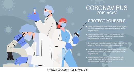 Doctor team or medical health care professionals fighting with coronavirus pandemic or coronavirus disease 2019 COVID-19. Informing people about self protective measures, treatment and prevention.