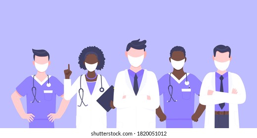 Doctor team medical staff with face masks clinic employee vector illustration isolated on blue background. Hospital or medical clinic staff doctor, surgeon, nurse standing up with equipment.