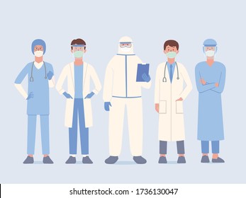 Doctor team in uniform and surgical mask and face shield and PPE suit standby for help Patient and work in stand pose. Staff prepare to protect people from virus and diseases. Character cartoon.