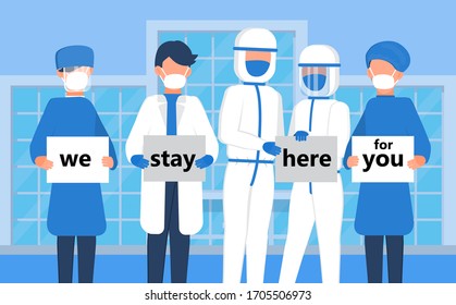 Doctor team wearing medical mask and holding banner "We stay here for you". Social distance campaign to prevent spread of coronavirus outbreak. Quarantine and self-isolation illustration vector.