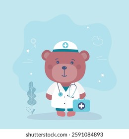 Doctor teddy bear with stethoscope. Cute funny stuffed animal toy wearing white scrub. Funny bear animal, cute kids doctor or nurse. Medical children design. flat vector illustration