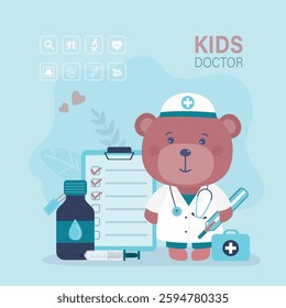 Doctor teddy bear with stethoscope. Cute stuffed animal toy wearing white scrub. Funny bear animal with medical tools. Therapist, kids doctor or nurse. Medical children design. vector illustration