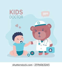 Doctor teddy bear with stethoscope exam little child. Cute stuffed animal toy wearing white scrub. Funny bear animal with medical tools. Therapist, pediatric, kids doctor or nurse. vector illustration