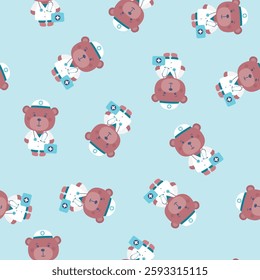 Doctor teddy bear with stethoscope seamless pattern. Cute funny stuffed animal toy wearing white scrub. Texture background with bear, cute kids doctor or nurse. Medical wallpaper template. flat vector