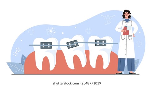 Médico com aparelho dentário. Mulher de uniforme médico perto de dentes com aparelho. Ortopedista corrige mordida. Diagnóstico e tratamento, medicina. Ilustração de vetor plano isolada no plano de fundo branco