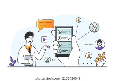 Doctor teleconference concept. Man sends patient recommendations via smartphone. Remote survey and modern technologies, social networks and messengers, Internet. Cartoon flat vector illustration