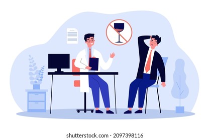 Doctor telling confused office worker to stop drinking. Man addicted to alcohol at medical appointment flat vector illustration. Alcohol, addiction, health, medicine concept for banner, website design