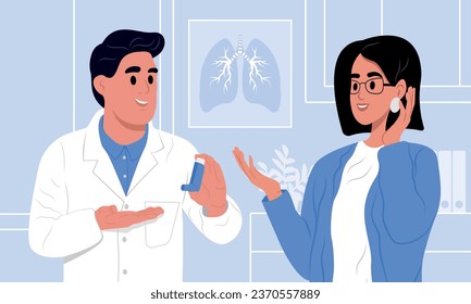 Doctor is telling to her patient how to use inhaler. Allergy, asthmatic. Inhalation drug. Bronchial asthma.