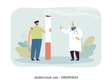 Doctor telling man to stop smoking. Male cartoon character with giant cigarette, old medical professional pointing finger flat vector illustration. Health, addiction concept for banner, website design