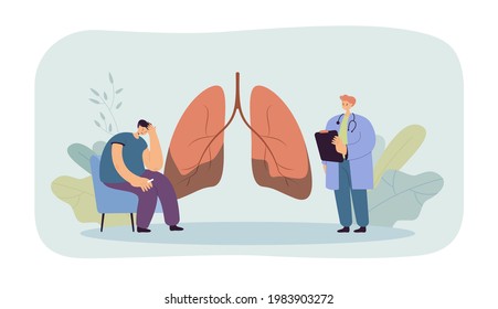 Doctor telling patient about lung disease. Medical worker vocalizing diagnosis of lung cancer to worried sad man with cigarette. Medical concept for banner, website design or landing web page