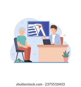 Doctor telling patient about shoulder joint pain disease vector illustration. Medical concept for banner, website design or landing web page svg