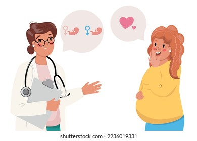 Doctor telling the pregnant woman the gender of her child. Pregnancy, medical, health care, childbirth, prenatal concept illustration with people. 