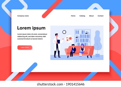 Doctor telling schoolchildren about coronavirus. Library, reading book, school flat vector illustration. Covid awareness, healthcare concept for banner, website design or landing web page