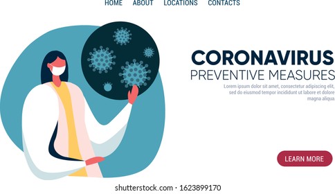 Doctor tells about preventive measures against Coronavirus CoV. Awareness campiagn, health and medicine concept. Tempalte for website, landing page. Flat vector illustration.