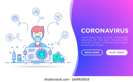 Doctor tells about symptoms and prevention coronavirus concept. Thin line icons. 2019-ncov, surgical mask, person-to person, hand washing, pneumonia, bronchitis. Vector illustration.