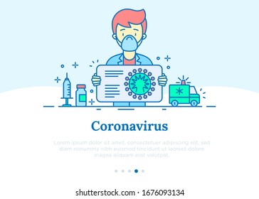 Doctor tells about symptoms and prevention coronavirus concept. Thin line icons. COVID-2019, surgical mask, person-to person, vaccine, ambulance. Vector illustration.