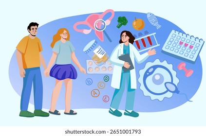doctor tells couple how to prepare for pregnancy. concept of family planning, parenthood