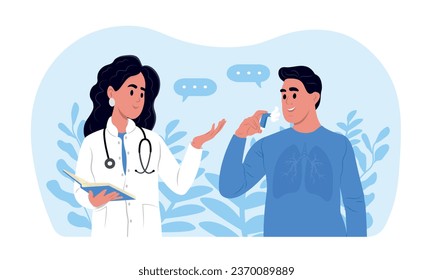 A doctor tells his patient how to use an inhaler during asthma attack. World Asthma Day. Allergy, asthmatic. Inhalation drug. Bronchial asthma.