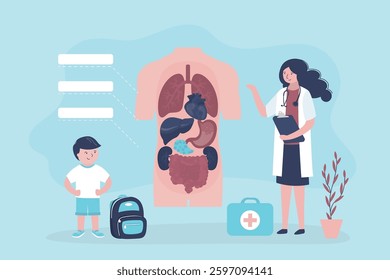 Doctor tells kid about structure of human body. Student boy listen to lesson about structure of internal organs, infographic. Schoolboy in anatomy or biology class. Medical knowledge. flat vector