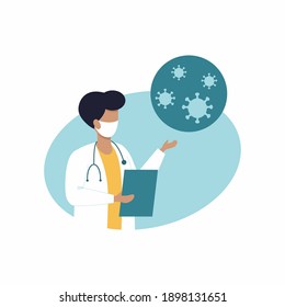 The doctor tells patients about the symptoms of the covid-19 coronavirus. Template for a phone app, website, or web page. The concept of health and medicine.