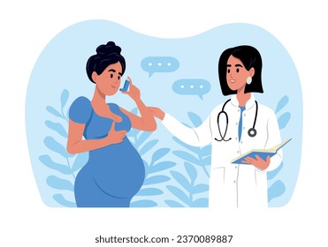 The doctor tells a pregnant woman how to use an inhaler during an asthma attack. World Asthma Day. Allergy, asthmatic. Inhalation drug. Bronchial asthma.