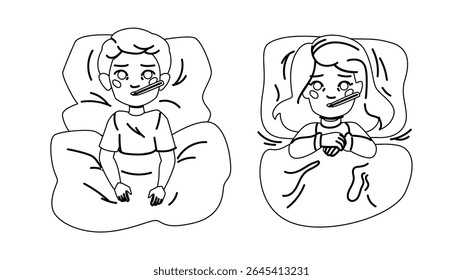 vetor de criança da temperatura do médico. gripe de casa, cuidados médicos, hospital menino temperatura criança personagem. pessoas linha preta desenho ilustração