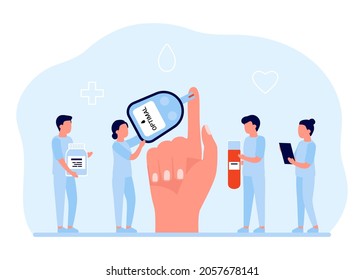 Doctor test sugar check level in blood, diabetes concept. Blood drop test strip for measure glucose. Glucometer in hand. Vector illustration