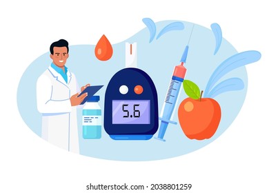 Doctor Testing Blood For Sugar And Glucose, Using  Glucometer For Hypoglycemia Or Diabetes Diagnosis. Physician With Laboratory Test Equipment, Syringe And Vial, Insulin. Vector Illustration