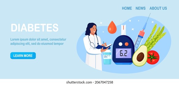 Doctor Testing Blood For Sugar And Glucose, Using  Glucometer For Hypoglycemia Or Diabetes Diagnosis. Physician With Laboratory Test Equipment, Syringe And Vial, Insulin. Vector Illustration