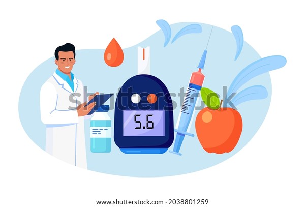 Doctor testing blood for sugar and glucose,\
using  glucometer for hypoglycemia or diabetes diagnosis. Physician\
with laboratory test equipment, syringe and vial, insulin. Vector\
illustration