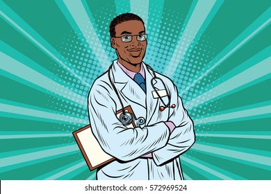 Doctor therapist confident smiles. Vintage pop art retro vector illustration. Medicine and health. Profession to treat people. African American