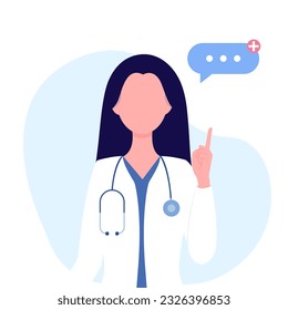 Doctor therapist or pharmacist with long hair shows an idea with a finger or warns. Concept - doctor, healthcare. Vector illustration in flat cartoon style.