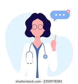 Doctor therapist or pharmacist shows an idea with a finger or warns. Doctor with glasses. Concept - doctor, healthcare. Vector illustration in flat cartoon style.