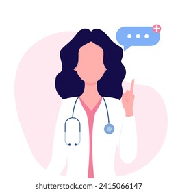 Doctor therapist or pharmacist shows an idea with a finger or warns. Concept - doctor, healthcare. Vector illustration.