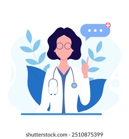 Doctor therapist or pharmacist shows an idea with a finger or warns. Concept - doctor, healthcare. Vector illustration in flat cartoon style.	