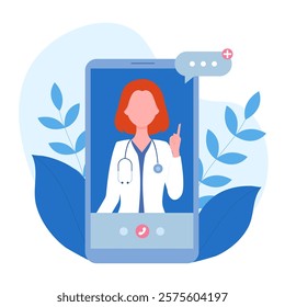 Doctor therapist or pharmacist shows an idea with a finger or warns. Concept - doctor, healthcare. Vector illustration in flat cartoon style.